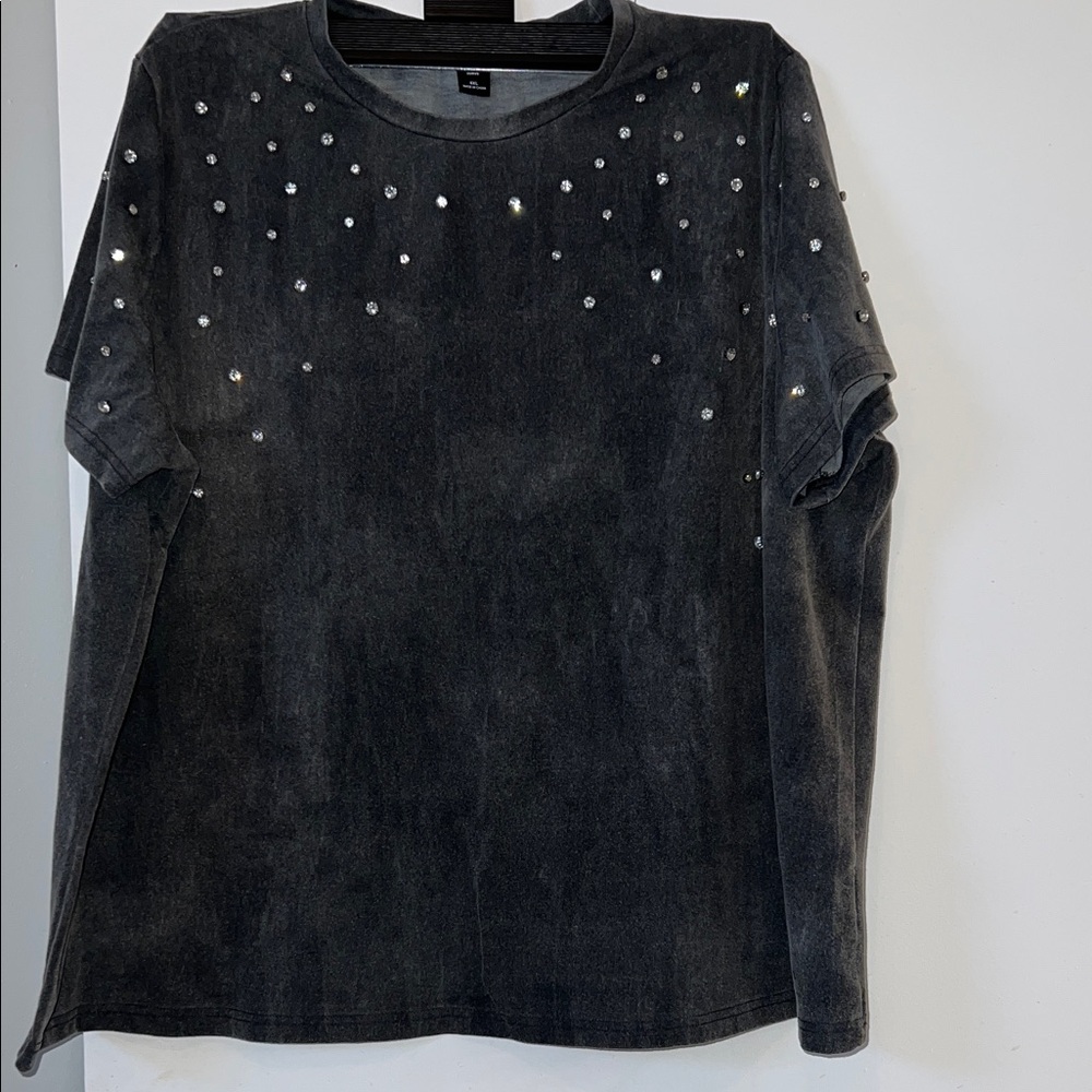 Embellished gray  Distressed Tee with Rhinestones